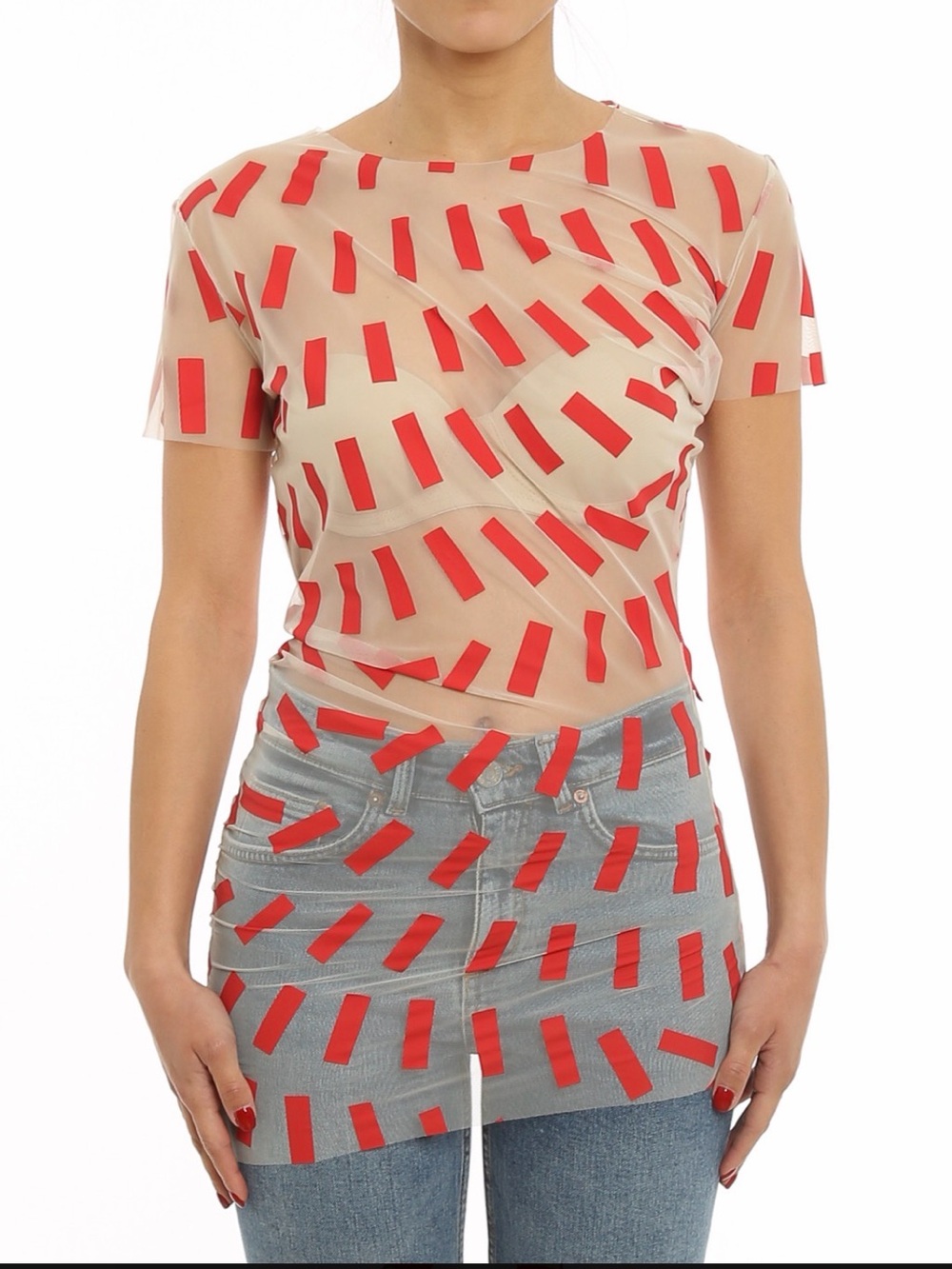 Maison Margiela red scotch tape print tulle top size Small